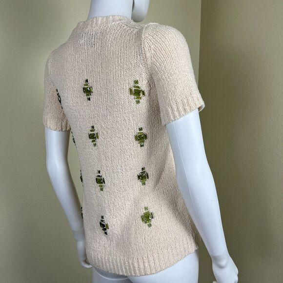 J. Crew Women's Size XXS Cream Linen Jeweled Medallion Knit Crewneck Sweater Top - Picture 7 of 13